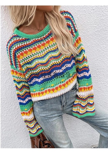 Kadın Gökkuşağı Bisiklet Yaka Çizgili Örgü Kazak Kazak Uzun Kollu Günlük Gevşek Büyük Boy Üstler Mavi