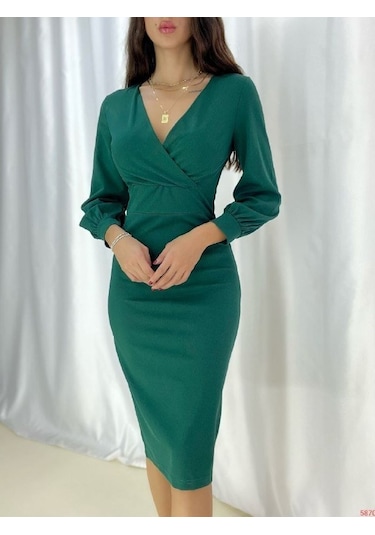 Kadın Kruvaze Yaka Balon Kol Midi Boy Elbise Bediva 001