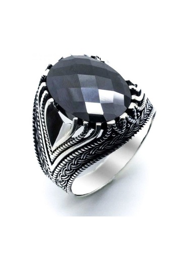 925 Ayar Gümüş Fasetli Siyah Taşlı Erkek Yüzük Gümüş