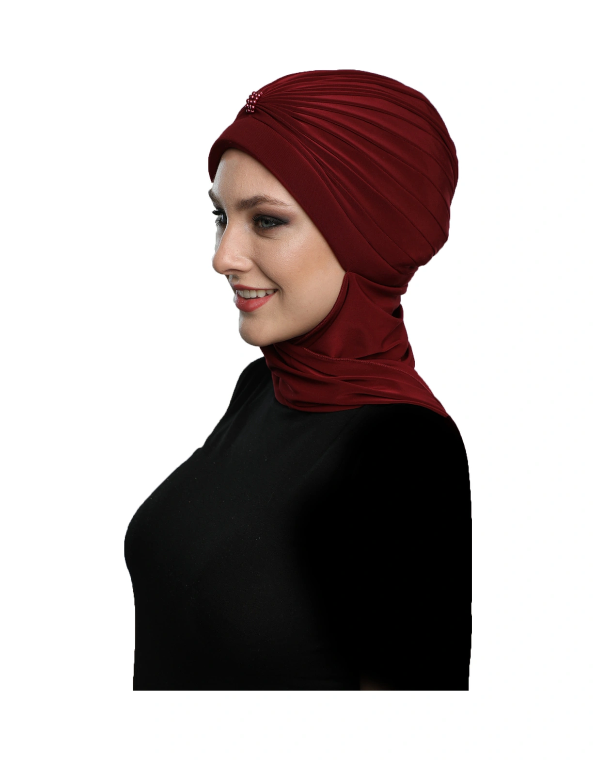 Incili Atkılı El Işi Inci Işlemeli Bordo Hazır Türban Tesettür Bone Bordo