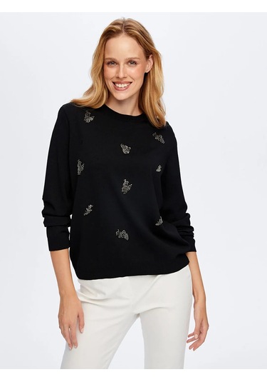 Faik Sönmez Boncuk Nakış Detaylı Uzun Kollu Kadın Triko Bluz W26trb018 Siyah