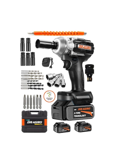 Dragro Alman 450NM DRG-598VF 20 AH Kömürsüz Çift Bataryalı Somun Sökme Sıkma Makinesi 32 Parça Full Setli Siyah