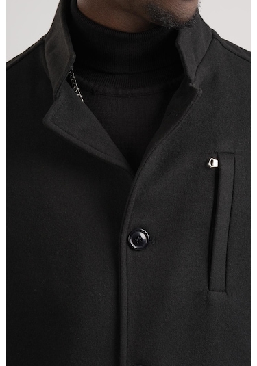 Slimfit Hakim Yaka Düğme Kapamalı Yan Cepli Astarlı Tek Yırtmaçlı Yünlü Kaşe Kaban Siyah