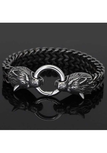 Novahub Siyah İskandinav Vintage Viking Paslanmaz Çelik Erkek Bilezik, Kurt Tasarımı, Erkeksi Görünüm, 21cm, Hediye İdeali Siyah