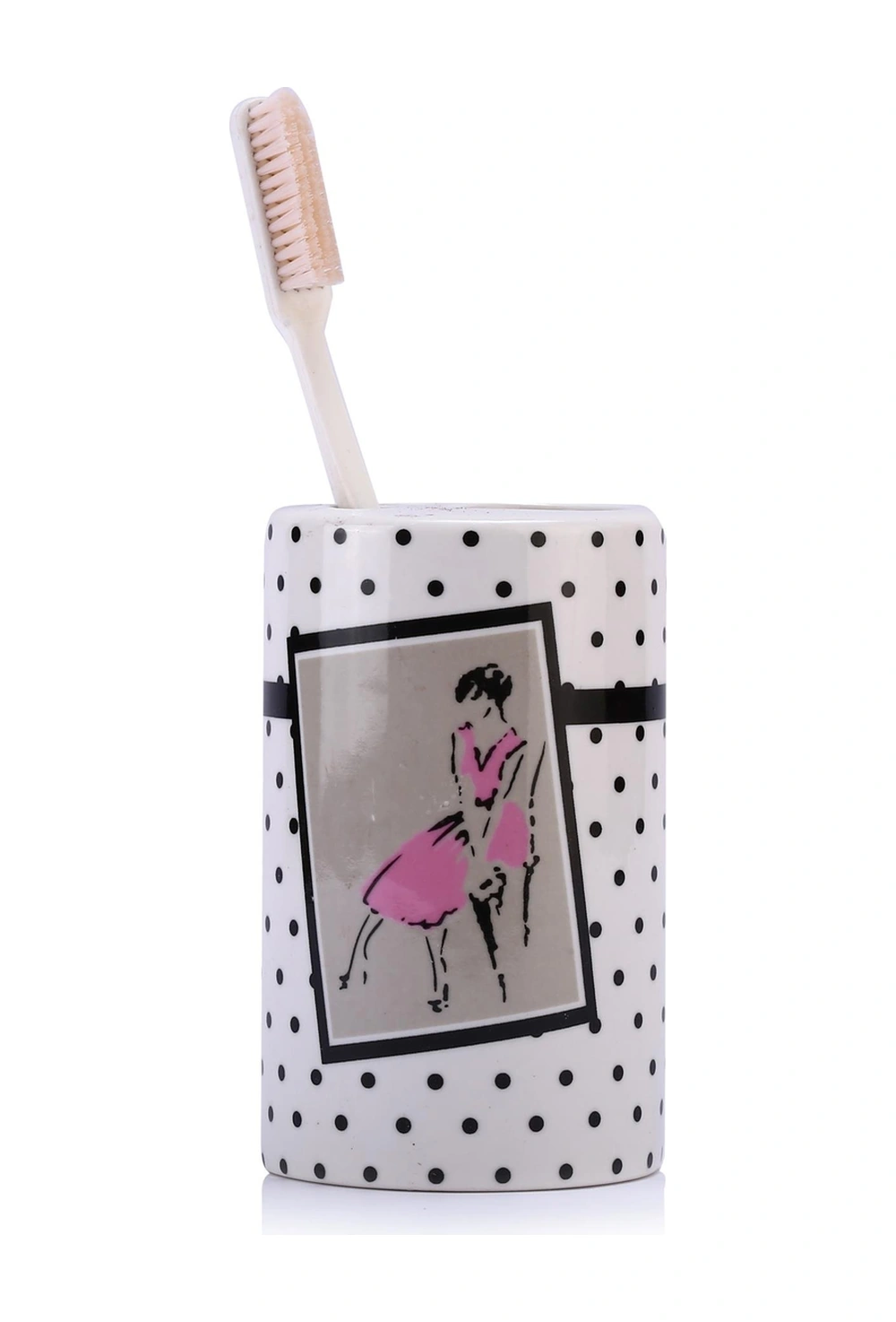 2 Adet Seramik Diş Fırçalık Pembe Elbiseli Kadın Model 7x7x11cm Banyo Seti Çok Renkli