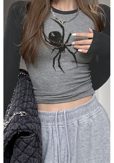 Black Widow Raglan Kollu Gri Melanj Basic Gotik Y2k Uzun Kollu Crop-17648 Gri Melanj