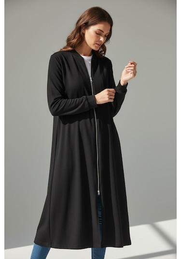 Kadın Önü Fermuarlı Kolu Manşetli Gizli Cepli Mevsimlik Kap Siyah