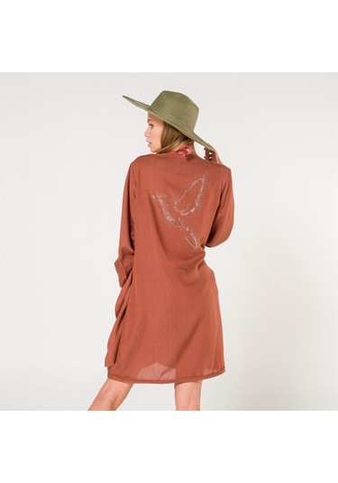 Mona Kadın Kruvaze Pul Baskılı Plaj Elbisesi Tarçın Turuncu