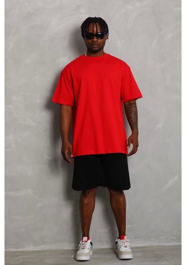 Unisex Oversize Düz Bisiklet Yaka T-shirt - Kırmızı Kırmızı