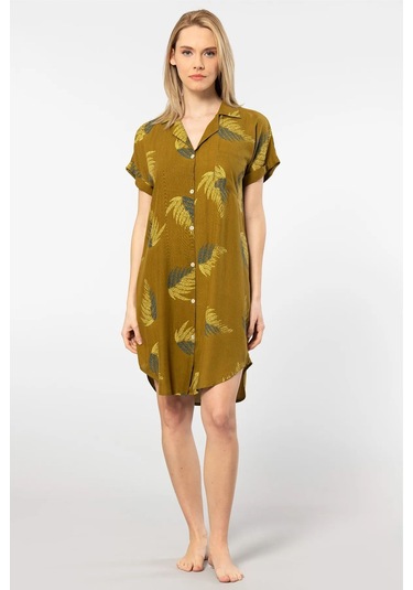 Türen 3601 Kadın Kısa Kollu Dokuma Gömlek Elbise -haki Haki