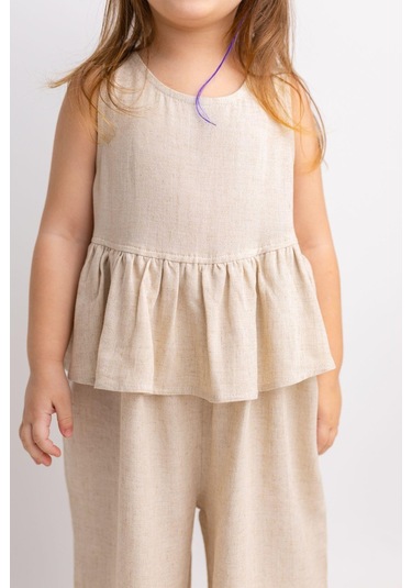 Oliventhekid Beli Volanlı Sırtı Düğmeli Kolsuz Keten Kız Çocuk Tulum Bej Bej
