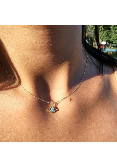 Tasarım Kirpik Nazar Boncuğu Firuze Mineli Göz Tasarım Stil Modern 14 Ayar Altın Kolye- Altın Kolye