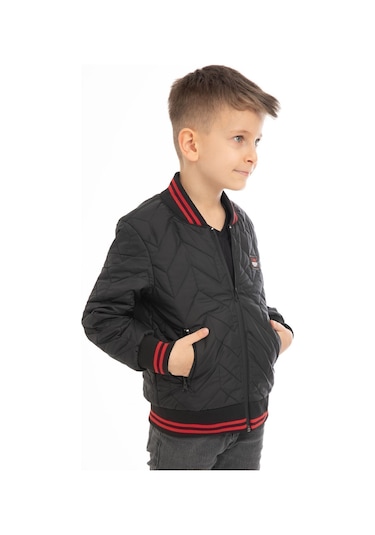 Erkek Çocuk Siyah Kolej Yaka İçi Astarlı Su Ve Rüzgar Geçirmez Fermuarlı Cep Mont Siyah
