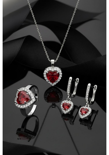 925 Ayar Lal Taşlı Rodyum Pırlanta Işıltılı Kalp 3'lü Gümüş Set-takım Ayarlanabilir Gümüş