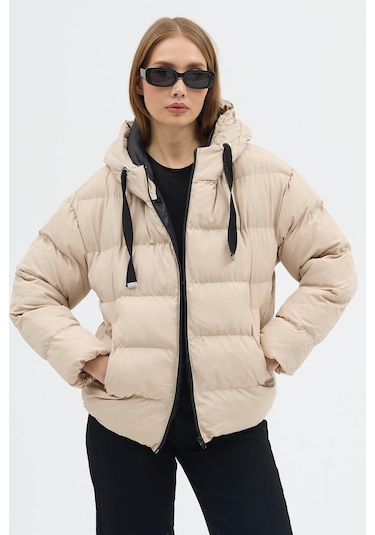 Çift Cepli Fermuarlı Su İtici Kumaş Normal Kesim Dolumlu Şişme Kadın Krem Mont Tbmnt005 Krem