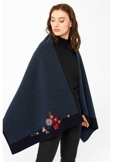 Desen Triko Kadın Çiçek İşlemeli Triko Şal 23154 Koyu Lacivert