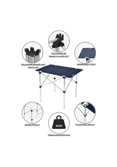 Exent 50x70 Cm Kamp Masası Katlanabilir Masa, Piknik Bahçe Balkon Plaj Masası, Taşıma Çantalı Masa-lacivert