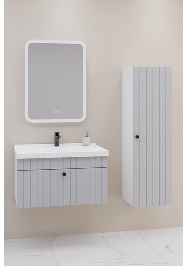 Alice 80 Cm Banyo Dolabı Cmr Led Aynalı Gri - Boy Dolap Dahil Gri