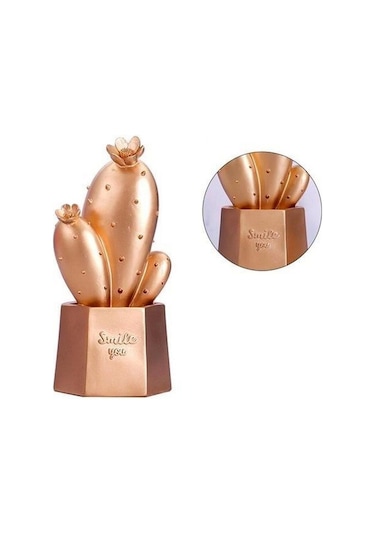 Led Işıklı Sevimli Kaktüs Dekoratif Masa Lambası Mini Biblo Gece Lambası Gold Beyaz