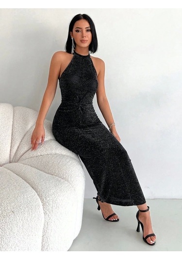 Simli Buzi Elbise Siyah