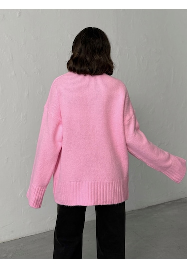 Kadın Yumuşak Dokulu Bisiklet Yaka Oversize Basic Triko Kazak Pembe