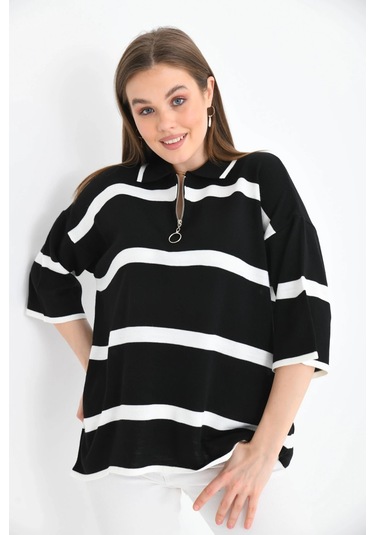 Polo Yaka Fermuarlı Çizgili Salaş Mevsimlik Trko Kazak Siyah