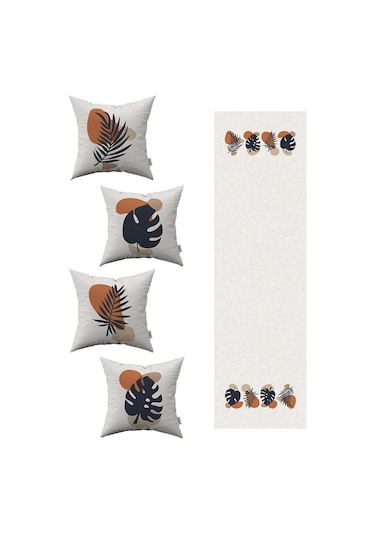 Lacivert Turuncu Modern Tarz Yaprak Desenli 4'lü Kırlent Kılıfı 1 Runner Seti 4kmbs116-rs