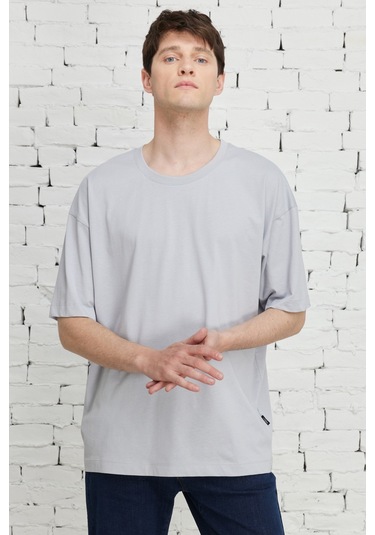 Ac&Co / Altınyıldız Classics Erkek Grı Oversize Bisiklet Yaka Tişört Gri