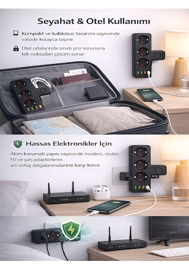 Ftro12 Kablosuz Termal Akım Korumalı 3'lü Priz 3'usb 1'type-c 20w