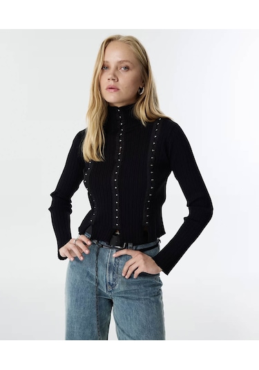 Twist Agraf Kapama Siyah Kadın Kazak Tw6250050159 Siyah