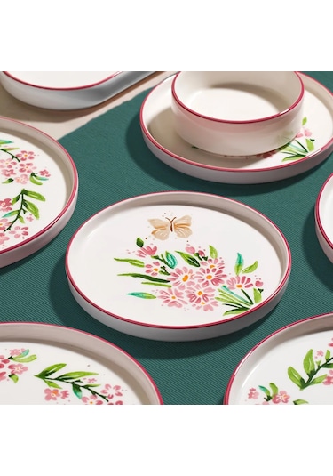 Nehir Pink Butterfly 6 Kişilik 13 Parça Seramik Kahvaltı Takımı Beyaz - Pembe