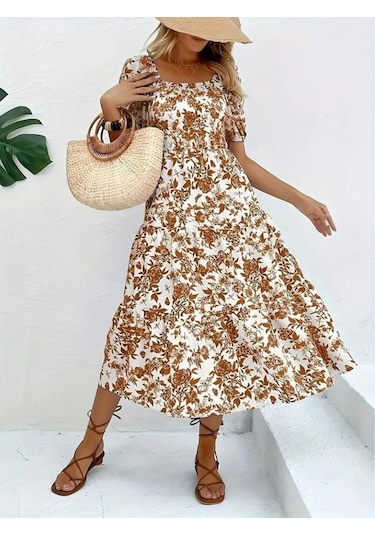 Kadın Kısa Kollu Kare Yakalı Lastikli Desenli Süprem Elbise Kahve