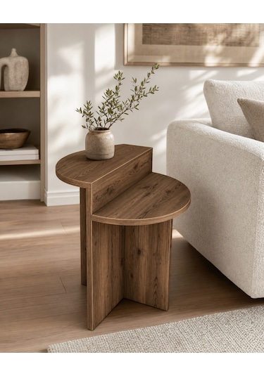 Luna Yan Sehpa Oval Hatlı Ahşap
