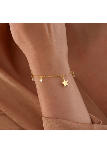 Queen Silver Jewelry 925 Ayar Gümüş Yıldız Objeli Zirkon Taş Sallantılı Bileklik Altın