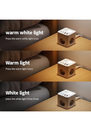 Honeybeeshop 1 Paket Siyah 8li 3 Ac Cikisli 2 Usb Portlu 2 Type C 15m Uzatma Kablosu Ev Ofis Seyahat Icin 3 Renk Modlu Ayarlanabilir Gece Isigi