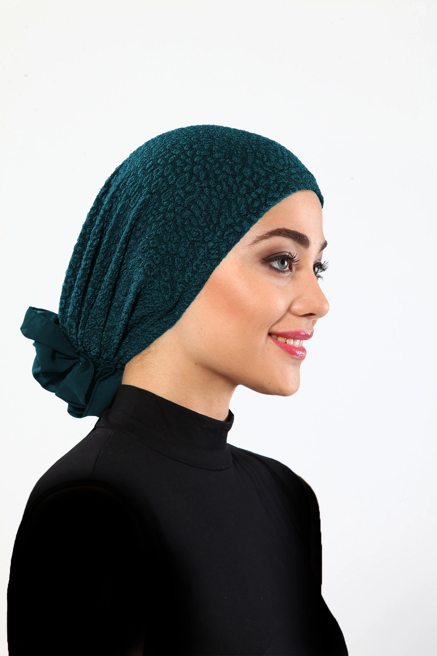 Brokar Tüllü Yeşil Hazır Türban Tesettür Bone Hürrem