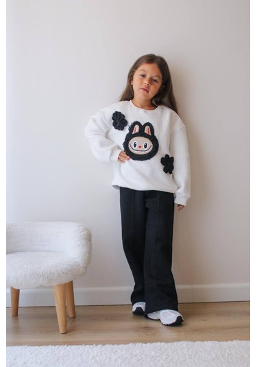 Kız Çocuk 3 İplik Şardonlu Peluş Baskı Detaylı Sweatshirt - Eşofman Alt Üst Takım Siyah Beyaz