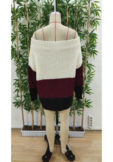 Kadın Uzun Kollu Madonna Yaka Çizgi Desenli Salaş Triko Antrasit Melanj