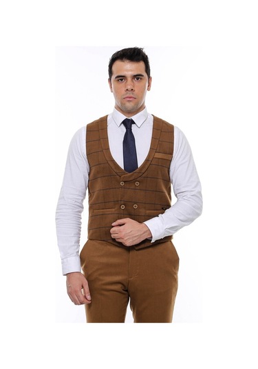 Kareli Desenli Kruvaze Kahverengi Erkek Yelek 001