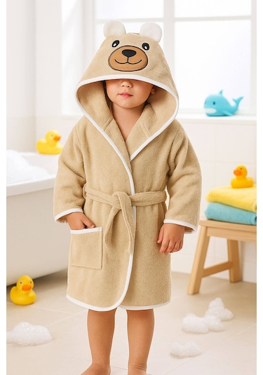 Kapşonlu Hayvan Desenli Çocuk Banyo Deniz Plaj Bornozu %100 Pamuklu Bej