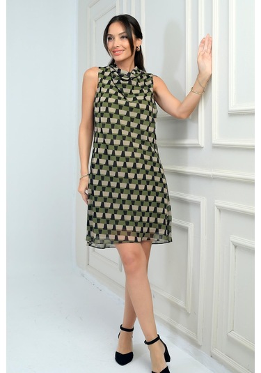 Kadın Degaje Yaka Astarlı Desenli Kısa Şifon Elbise-41737 Haki