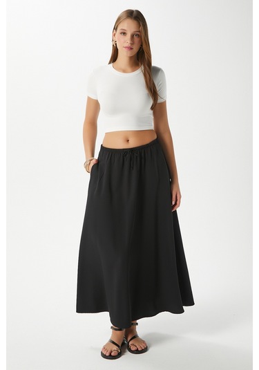 Kadın Seaside Siyah Astarlı Bel Lastikli Cepli Dokuma Uzun Etek Siyah
