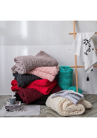 Sones El Yapımı Kalın Yün Örgü Battaniye Kanepe Şönil Çubuk Örgü Battaniye, Boyut: 80 X 100 Cm Şarap Kırmızısı
