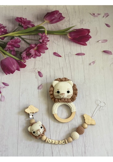 El Örgüsü Aslanlı Bebek Çıngırağı Kahverengi