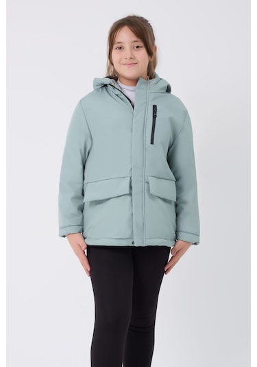 Kız Çocuk Mint Yeşil İçi Kürklü Su Ve Rüzgar Geçirmez Kapüşonlu 3 Cep Kışlık Mont & Kaban & Parka Mint Yeşili