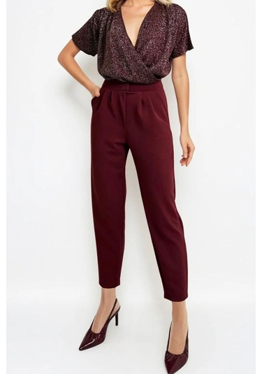 Çift Düğmeli Havuç Model Bilek Boy Kadın Kumaş Pantolon Bordo