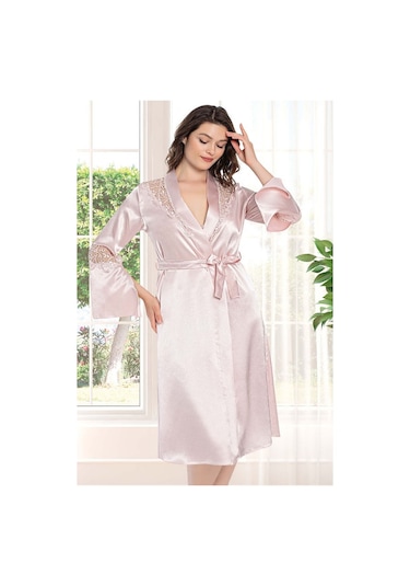 Alissa 8650 Kadın Çeyizlik Dantelli Saten 6'lı Set -pudra Pudra