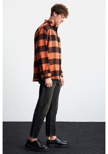 Wıldy Erkek Pamuk-polyester Gömlek Yaka Relaxed Oduncu Turuncu Gömlek