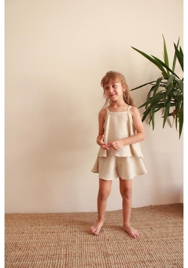 Siyah Çizgili Volanlı Kız Askılı Ve Şort Takım KREM