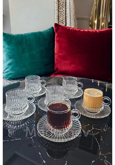 Çeyizci Çarşı 12 Parça Cam Kahve Fincan Seti Origami Çizgili Desen Nescafe Fincanı Cam Tabaklı Çay Takımı 125cc Şeffaf